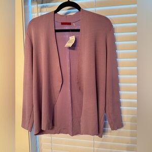 Lavender Open-Front Raw Edge Cardigan w pointelle down center back and sleeves